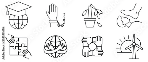 Foto Global education and human rights vector illustration set, graduation cap on globe, chained hand, withered plant, oppression, puzzle pieces
