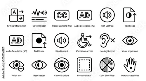 Set of digital accessibility and inclusive design line icons for web and mobile applications.