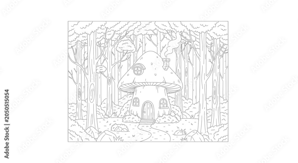 Fototapeta premium Enchanting Mushroom House in a Whimsical Forest Coloring Page for Kids