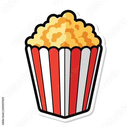 Schilderij op canvas A colorful cartoon sticker of a classic bucket of buttery popcorn for cinema