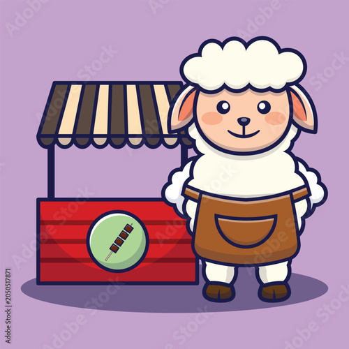 adorable sheep selling satay animal street food stand cartoon vector illustration