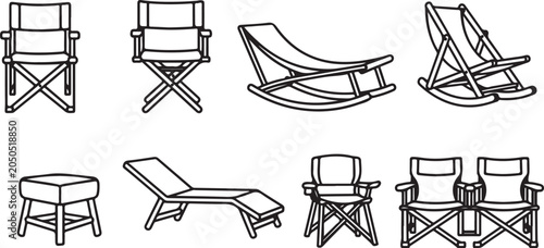 Fotografía set of Eight types of folding outdoor chairs and loungers in simple line art sty