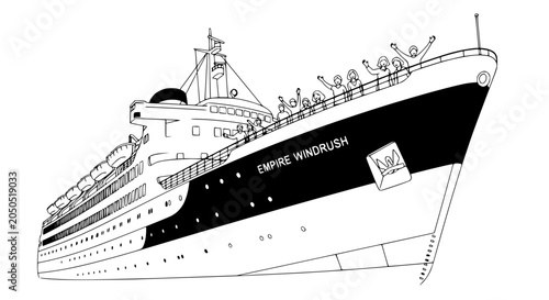 Tableau sur toile Illustration of the Empire Windrush ship with waving passengers on deck