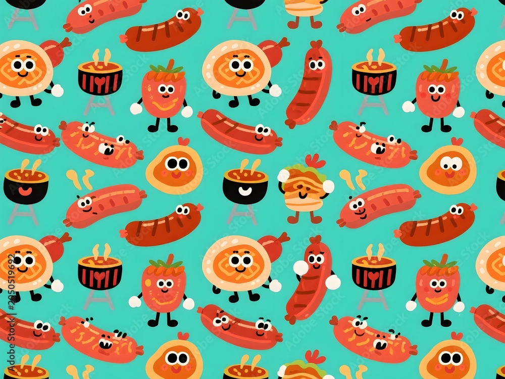 Obraz premium Roasted Sausage Cartoon Seamless Pattern with Cute BBQ Food Elements