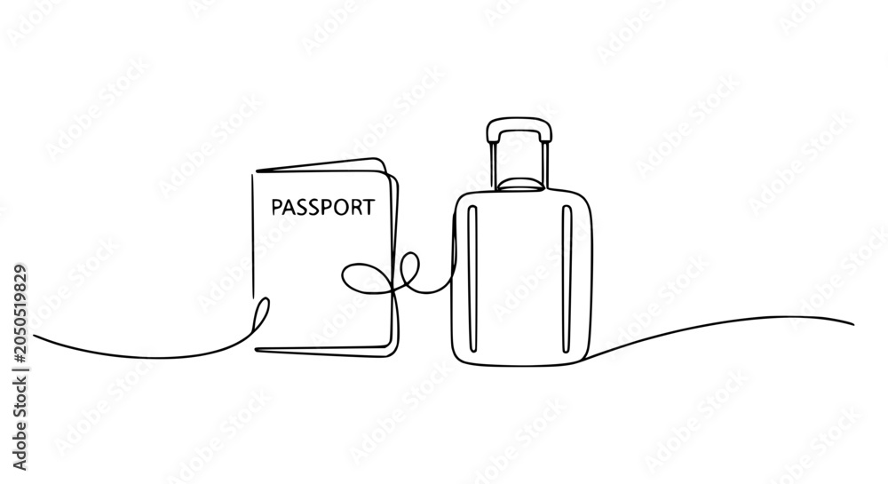 Obraz premium Minimalist continuous line drawing of passport and suitcase for travel and adventure