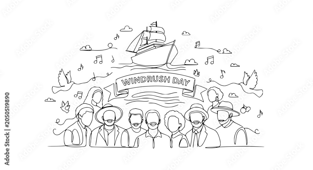 Naklejka premium Windrush Day Illustration: Diverse People, Sailing Ship, Celebration, Heritage, Migration
