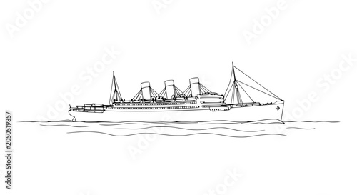 Foto Vintage Ocean Liner Illustration - Retro Passenger Ship Sailing on Wavy Sea