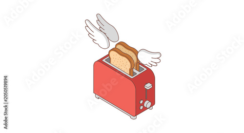 Whimsical red toaster with wings and flying toast.