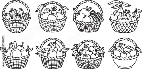 Photos set of Eight wicker baskets filled with assorted fresh fruits illustration