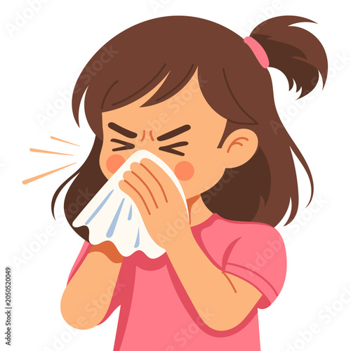 Cute Girl Sneezing into Tissue, Child Cold Allergy Symptoms Illustration, Sick Kid Cartoon Character, Health and Hygiene Concept