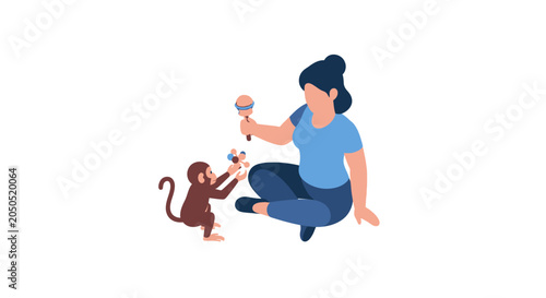 Woman sharing ice cream with playful monkey illustration.