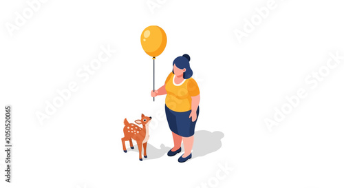 Happy woman walking small dog while holding balloon.