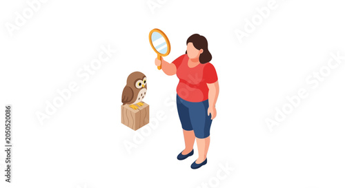 Woman Observing Owl Through Magnifying Glass Illustration.