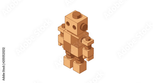 Cute Blocky Wooden Robot Figure Standing Upright.