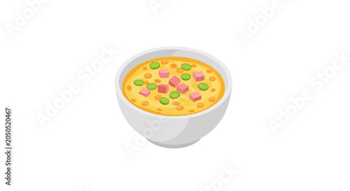 Creamy vegetable and ham soup in white bowl.