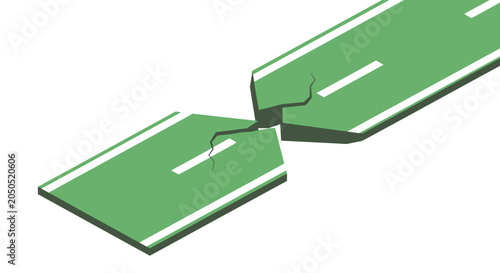 Broken green road sign with visible crack details.