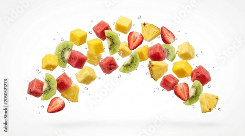 Freshly cut fruits explode in mid-air creating a colorful assorted display