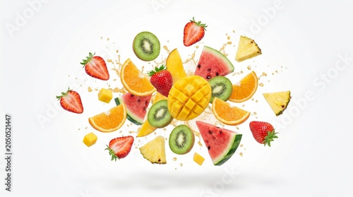 Vibrant colorful fruit cubes and slices explode in mid-air creating a stunning ultra-realistic fruit salad scene