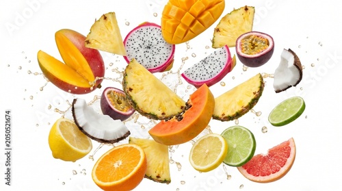 Fresh fruit slices explode in mid-air with vibrant tropical colors and textures