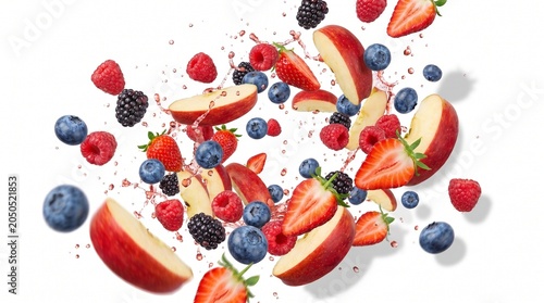 Fresh fruit slices explode in mid-air with apples strawberries blueberries raspberries