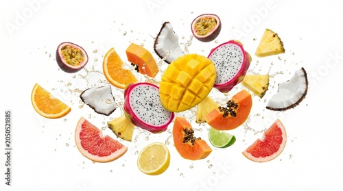 Fresh fruit slices and wedges fly dramatically in mid-air around a central mango