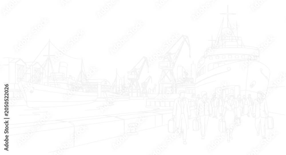 Fototapeta premium Sketch of a busy harbor with ships, cranes, and people walking