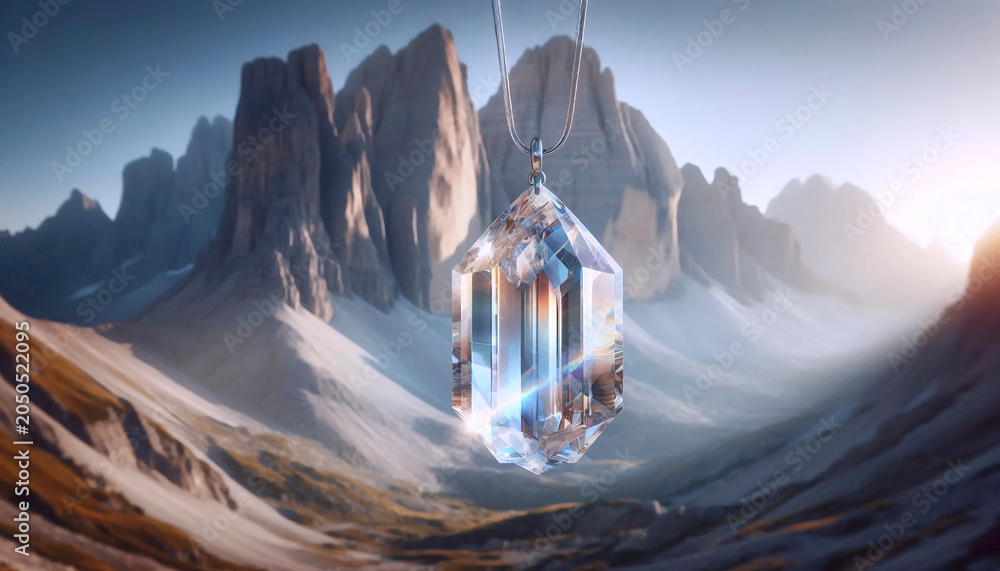 Fototapeta premium A single perfectly cut crystal prism hanging from a thin silver chain, catching pure mountain light and casting tiny rainbows across smooth grey stone, Ai generated image