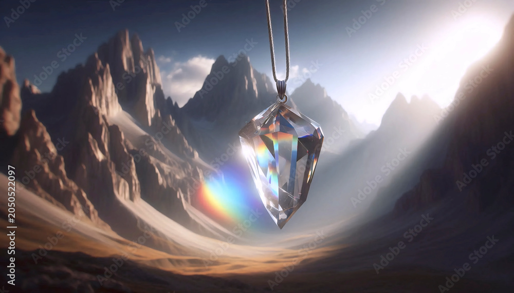 Fototapeta premium A single perfectly cut crystal prism hanging from a thin silver chain, catching pure mountain light and casting tiny rainbows across smooth grey stone, Ai generated image