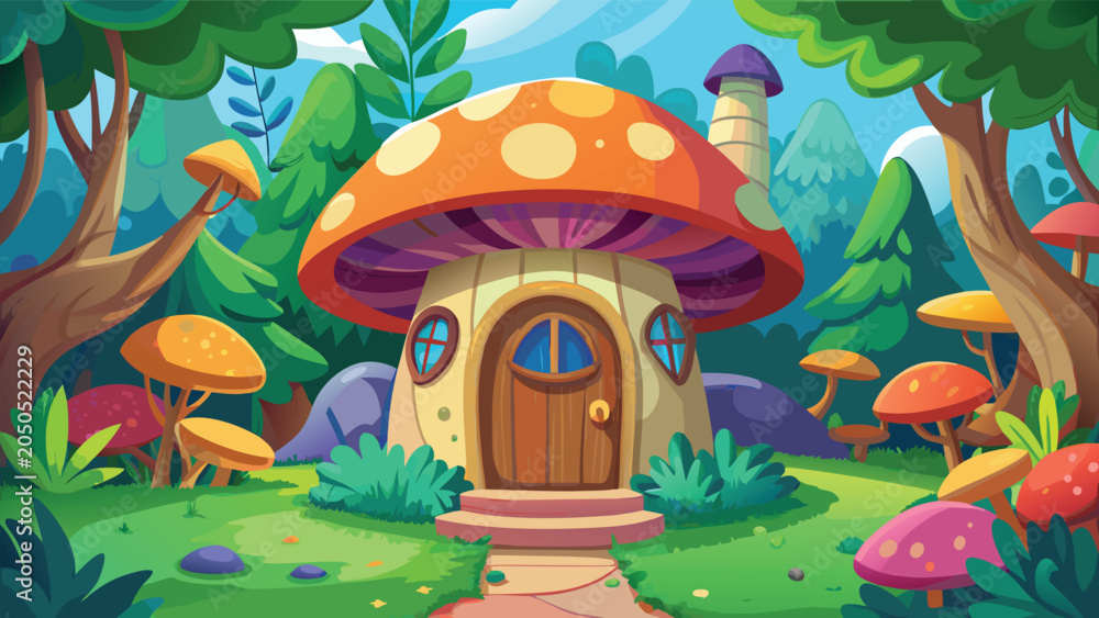 Obraz premium Whimsical mushroom house nestled in a vibrant forest during daytime with colorful flora and fauna