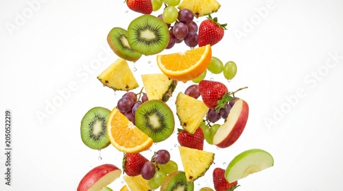 Colorful fruit pieces are falling from above in a heap.