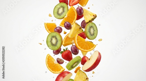 Fresh fruit pieces fall from above in mid-air with oranges kiwis and apples