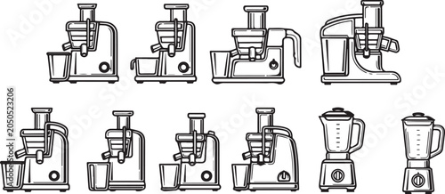 Photos set of Set of vintage and modern juicer and blender kitchen appliances illustrat