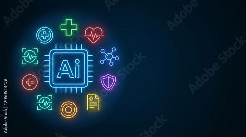 Futuristic AI healthcare visualization with glowing central AI chip labeled “AI”, connected to medical holographic icons including health data, diagnostics, protection, and wellness systems.