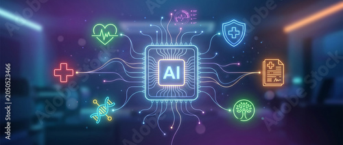 Futuristic AI healthcare visualization with glowing central AI chip labeled “AI”, connected to medical holographic icons including health data, diagnostics, protection, and wellness systems.
