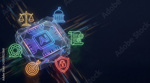 Luminous AI chip icon labeled “AI” surrounded by symbolic line-based icons representing law, government, documents, goals, data security, legal compliance safety digital automation network copy space