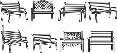Tablou pe pânză set of Eight different styles of park benches in black and white line art