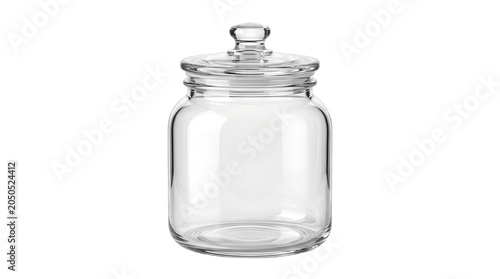 Clear glass apothecary jar with airtight lid, empty transparent kitchen storage canister, vintage style glass cookie jar for pantry organization isolated PNG with Transparent Background