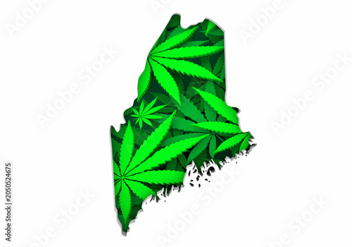 Maine ME Map Marijuana Pot Leaves State Law CBD THC Pot Cannabis 3d Illustration