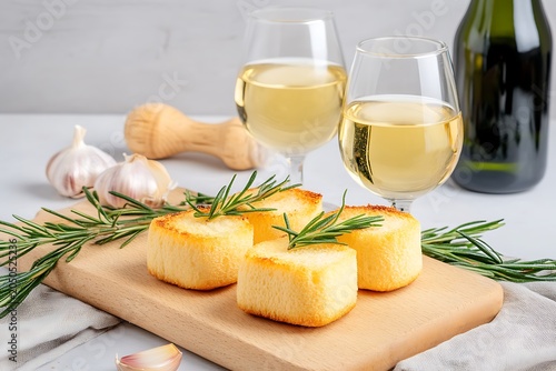 Crispy Garlic Toast with Fresh Rosemary, Two Glasses of White Wine, and Bottles on a Light Table