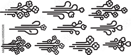 Photography set of Black and white floral branch vector icons with trailing lines