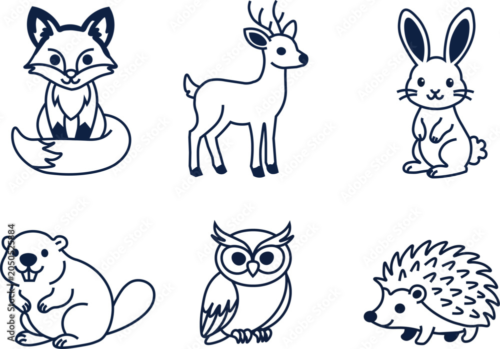 Fototapeta premium Delightful collection of cute line art illustrations depicting a variety of beloved forest and woodland creatures, perfect for playful and educational design projects