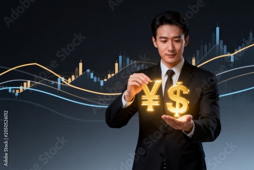 Businessman Holding Yen and Dollar Symbols Against Financial Charts