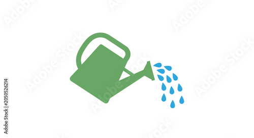 A green watering can pouring blue water drops on a white background