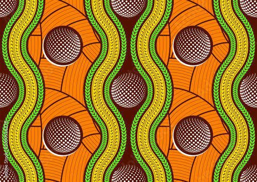 Modern African Fabric Pattern with Tribal Ornament Shapes, Abstract Botanical Motifs and Seamless Ankara Textile Background Contemporary Cultural Fabric Design