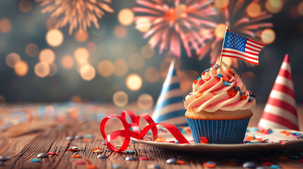 Festive Fourth of July Cupcake with USA Flag and Fireworks Bokeh Background for Independence Day Party Invitation and Bakery Marketing