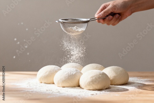 Hand sifting flour over dough balls on wooden table