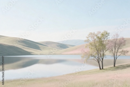 Serene Pastoral Landscape with Reflective Lake and Soft Hills