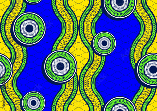 Modern African textile pattern abstract botanical motifs, creeping leaves, abstract circles, seamless Ankara fabric elements inspired by contemporary cultural textile design.