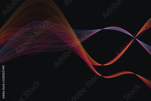 Vibrant thin glowing waves of color in dark background, abstract colorful