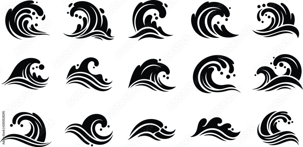 Fototapeta premium Ocean Wave Silhouettes Illustration Set Featuring Dynamic Sea Water Splashes and Rolling Tides Isolated on a Plain White Background for Graphic Design and Nautical Projects